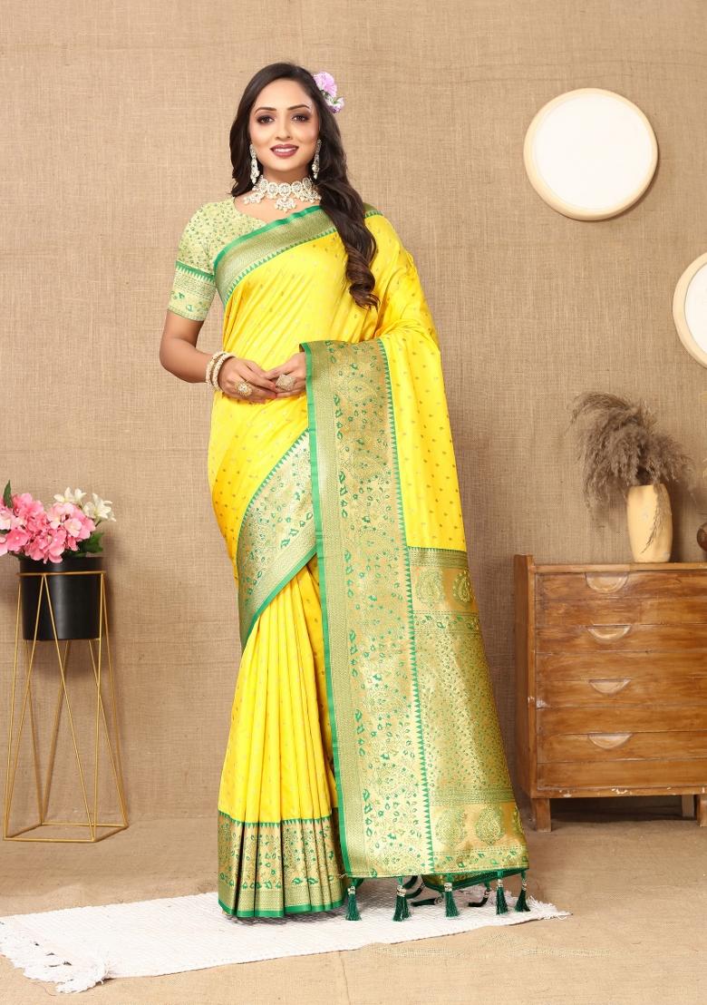 Yellow Jacquard Silk Saree Set - Indya