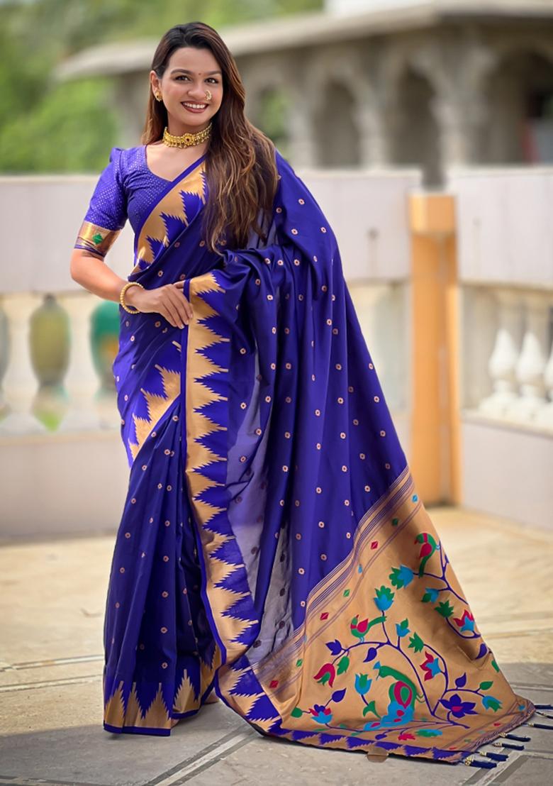 Royal Blue Jacquard Silk Saree Set - Indya