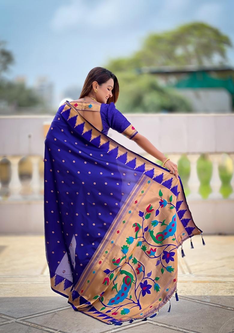 Royal Blue Jacquard Silk Saree Set - Indya