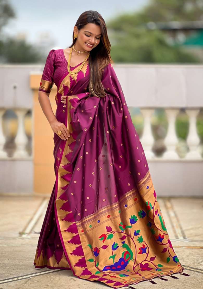 Wine Silk Jacquard Saree Set for Diwali | Wedding & Festive Wear - Indya