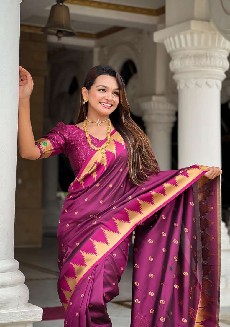 Wine Silk Jacquard Saree Set for Diwali | Wedding & Festive Wear - Indya