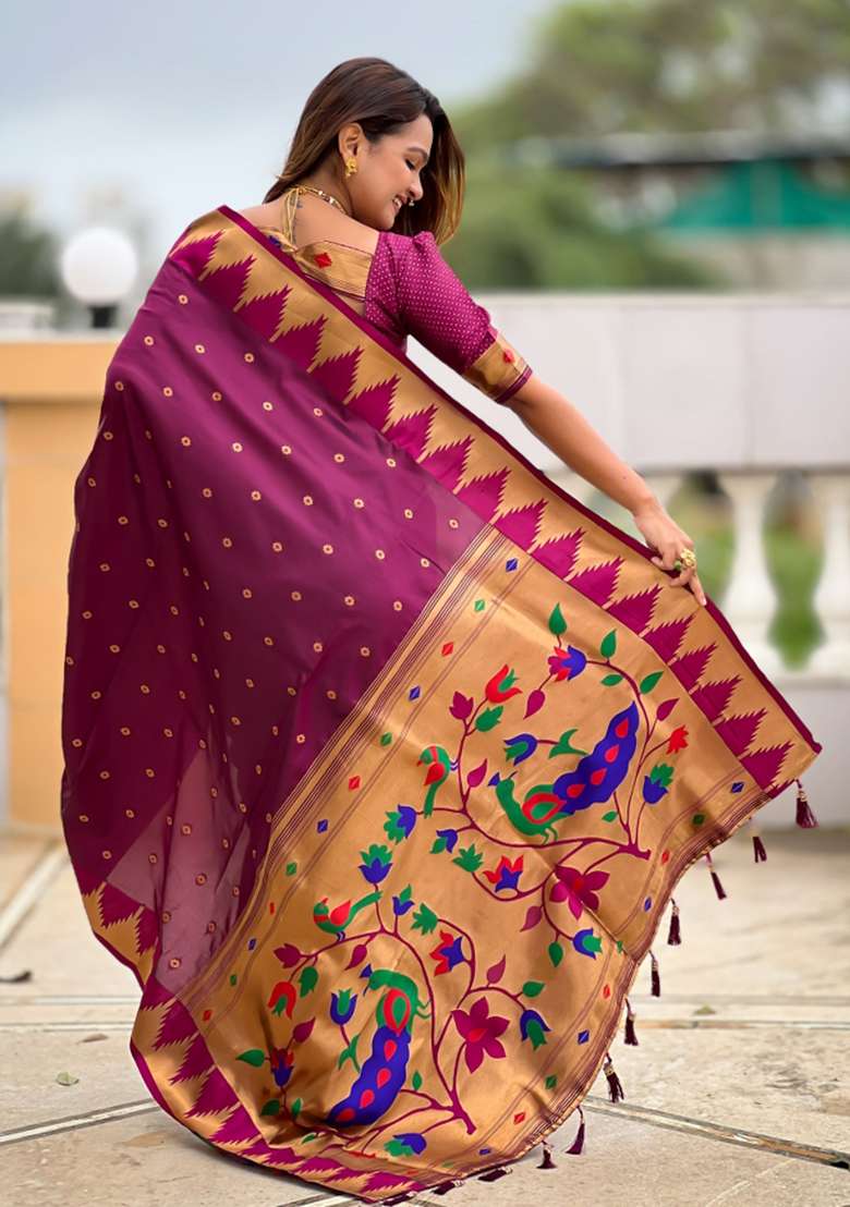 Wine Silk Jacquard Saree Set for Diwali | Wedding & Festive Wear - Indya