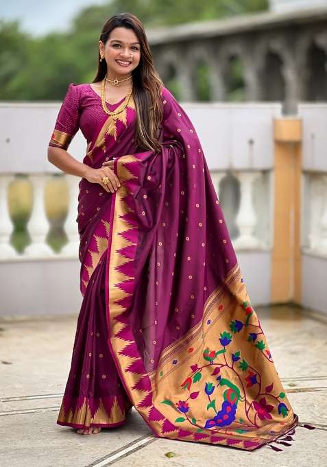 Wine Silk Jacquard Saree Set for Diwali | Wedding & Festive Wear