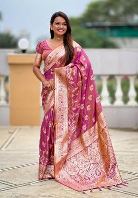 Purple Jacquard Silk Saree Set