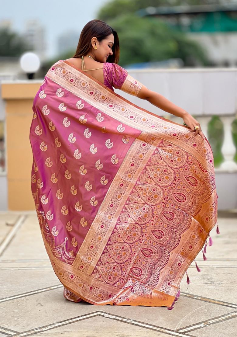Purple Jacquard Silk Saree Set - Indya