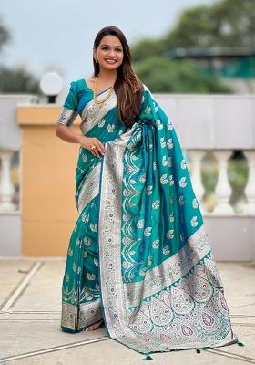 Teal Green Jacquard Silk Saree Set