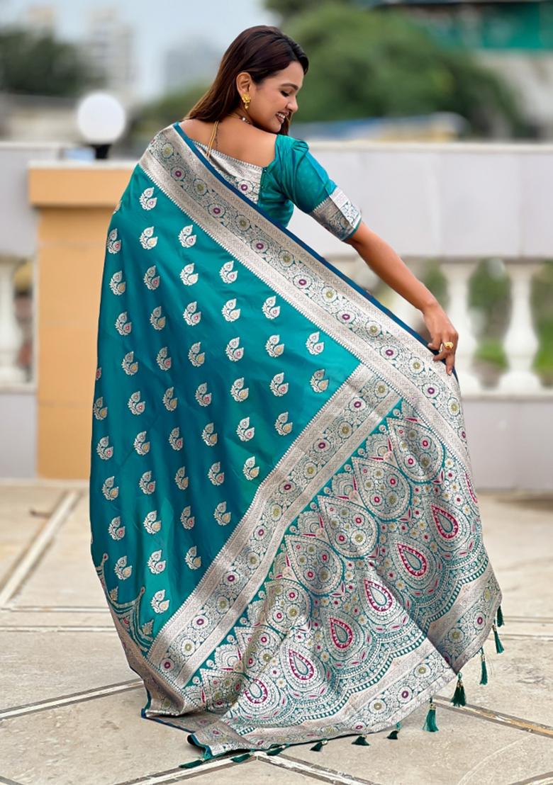 Teal Green Jacquard Silk Saree Set - Indya