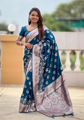 Teal Blue Jacquard Silk Saree Set