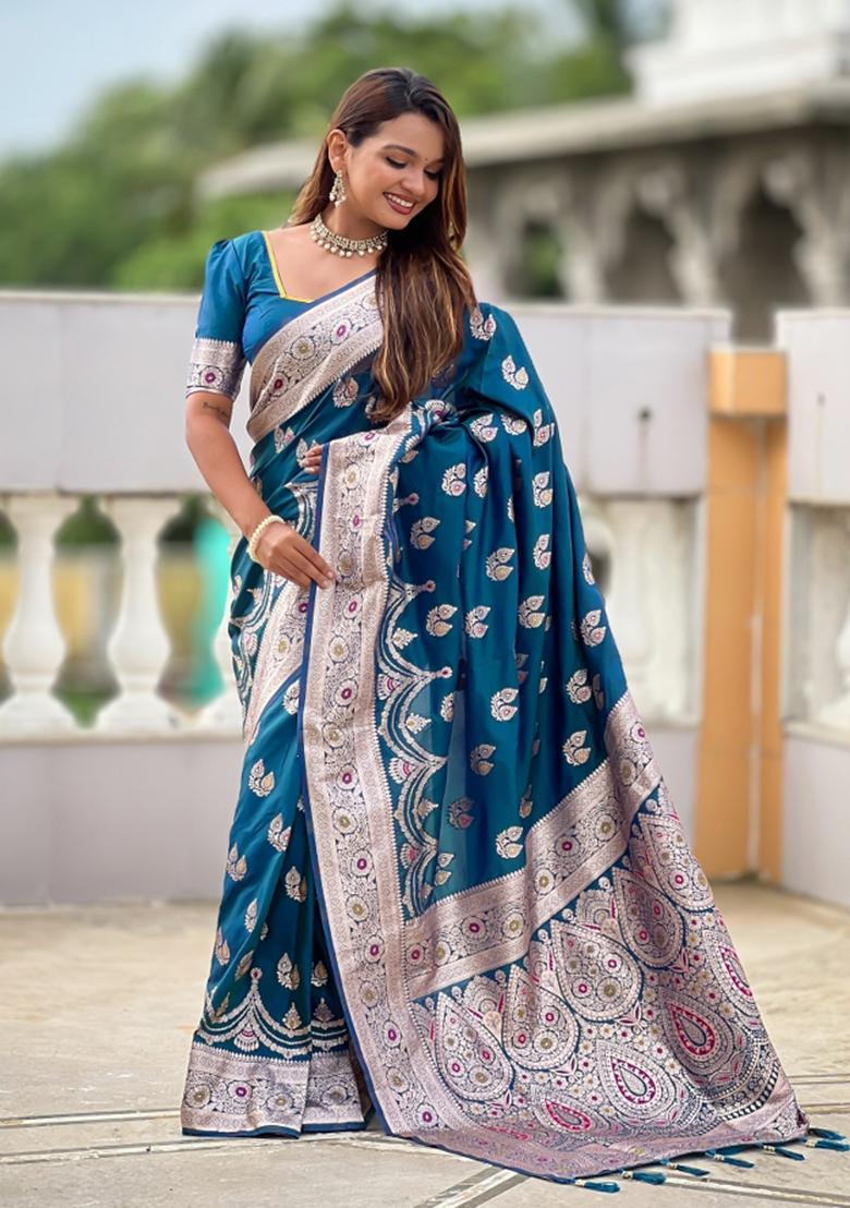 Teal Blue Jacquard Silk Saree Set - Indya