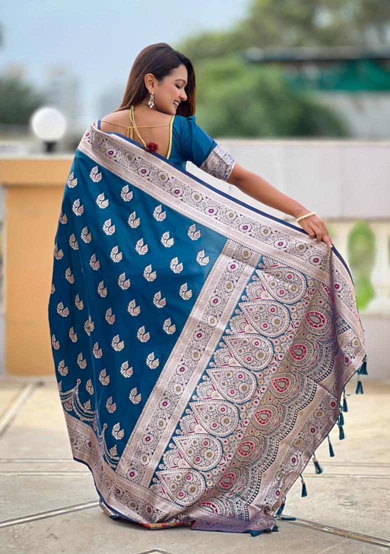 Teal Blue Jacquard Silk Saree Set - Indya
