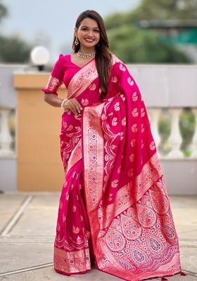 Pink Jacquard Silk Saree Set