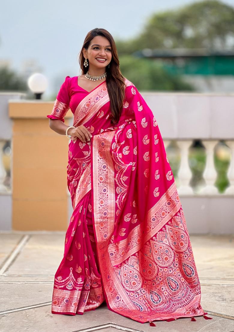 Pink Jacquard Silk Saree Set - Indya