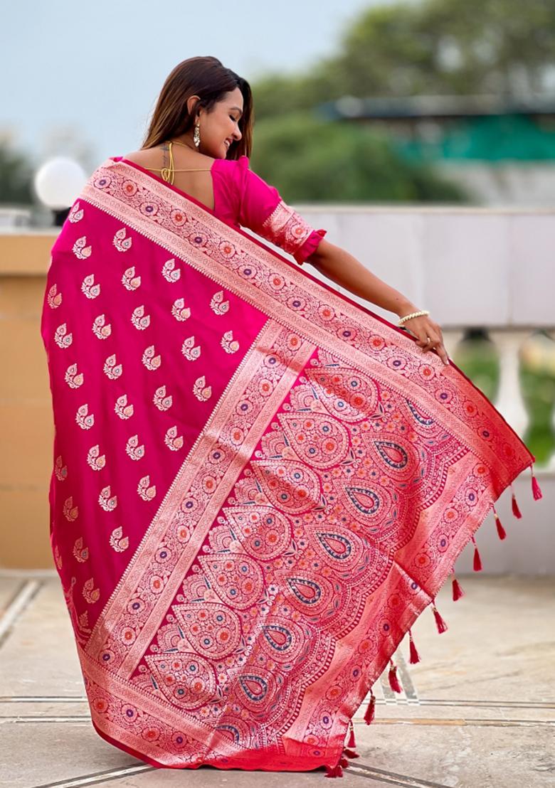 Pink Jacquard Silk Saree Set - Indya