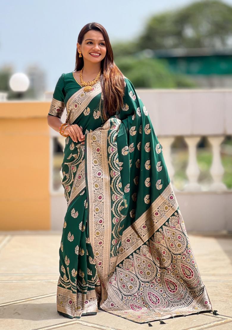 Green Jacquard Silk Saree Set - Indya