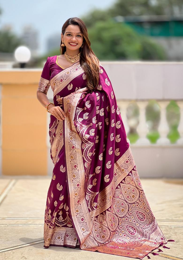 Magenta Jacquard Silk Saree Set - Indya
