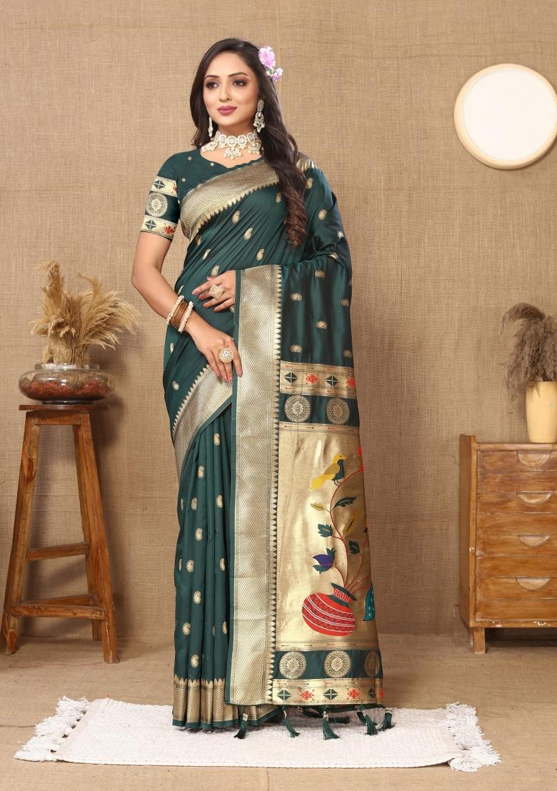 Green Jacquard Silk Saree Set - Indya