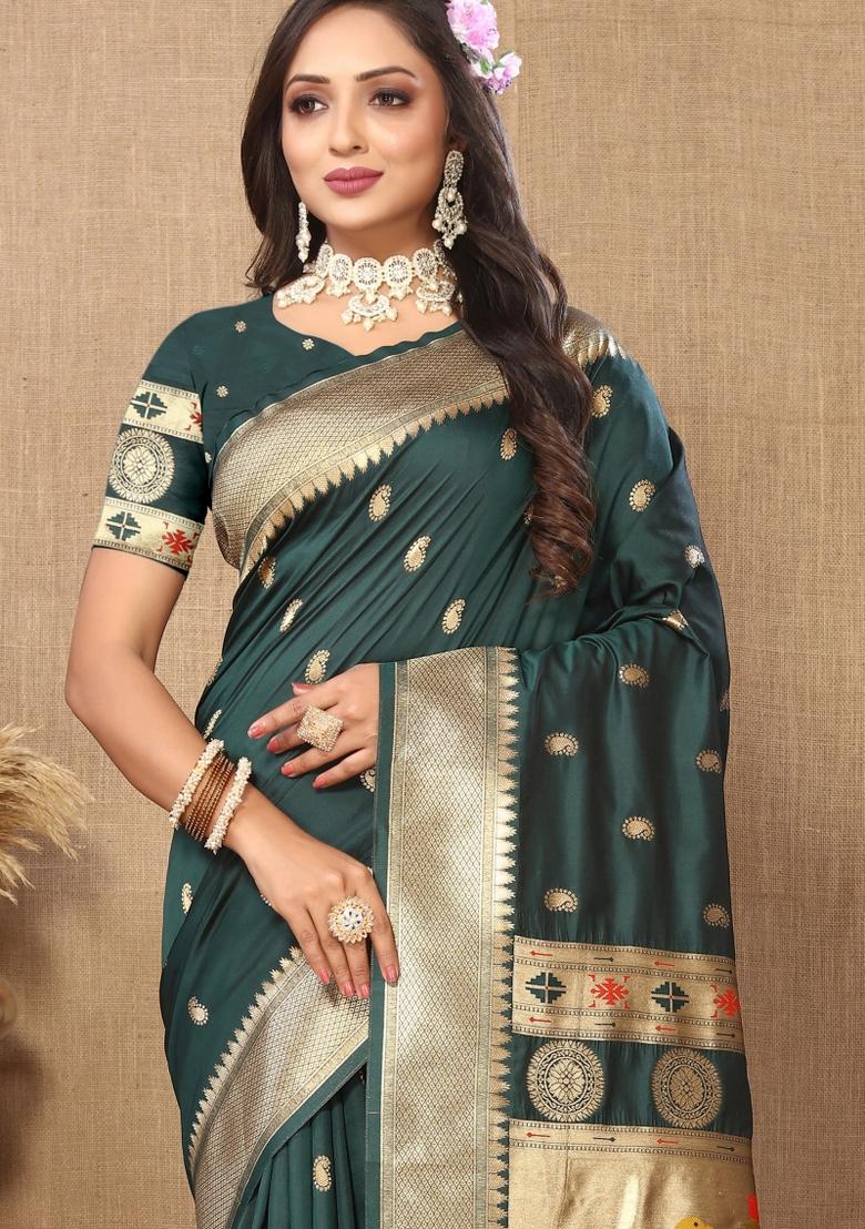 Green Jacquard Silk Saree Set - Indya