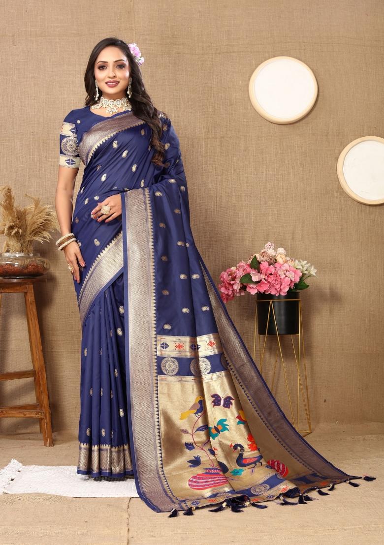Nevy Blue Jacquard Silk Saree Set - Indya