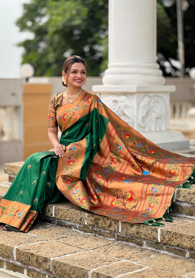 Green Jacquard Silk Saree Set - Indya