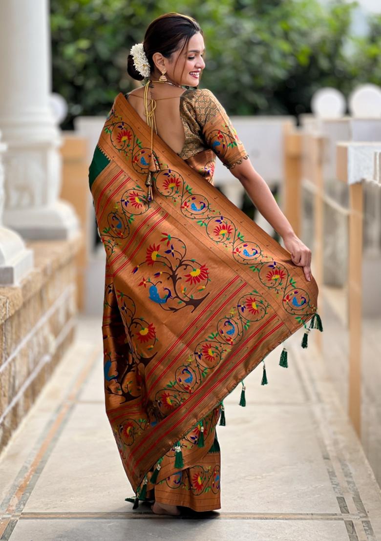 Green Jacquard Silk Saree Set - Indya