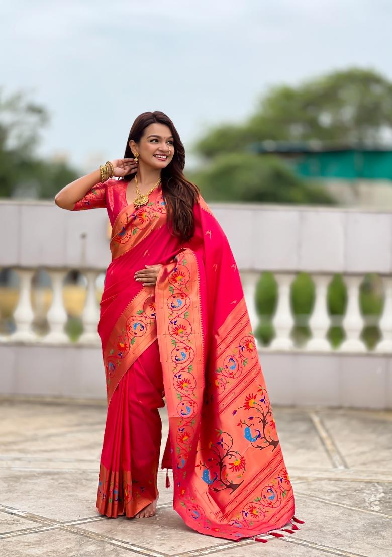 Pink Jacquard Silk Saree Set - Indya