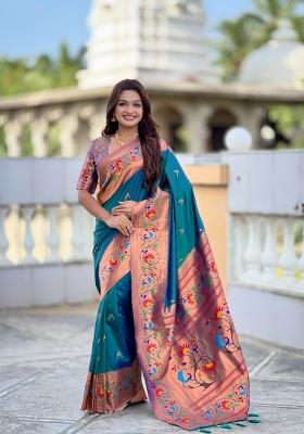 Teal Jacquard Silk Saree Set