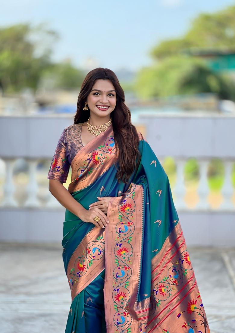 Teal Jacquard Silk Saree Set - Indya