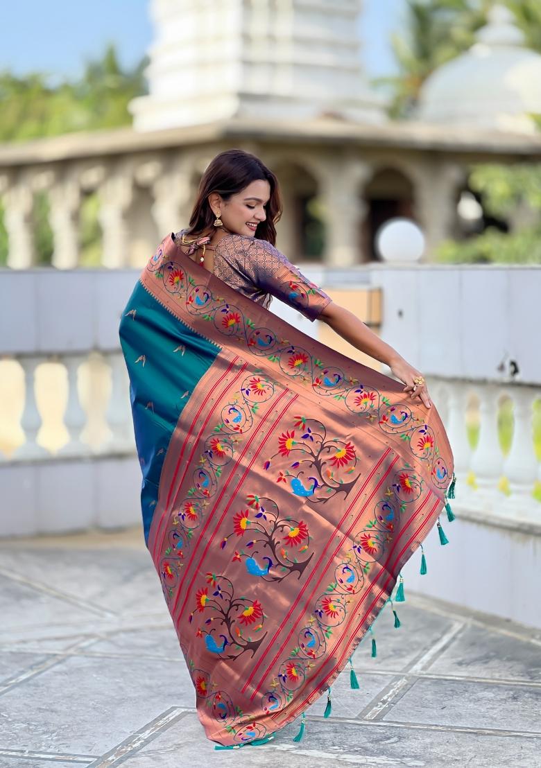 Teal Jacquard Silk Saree Set - Indya