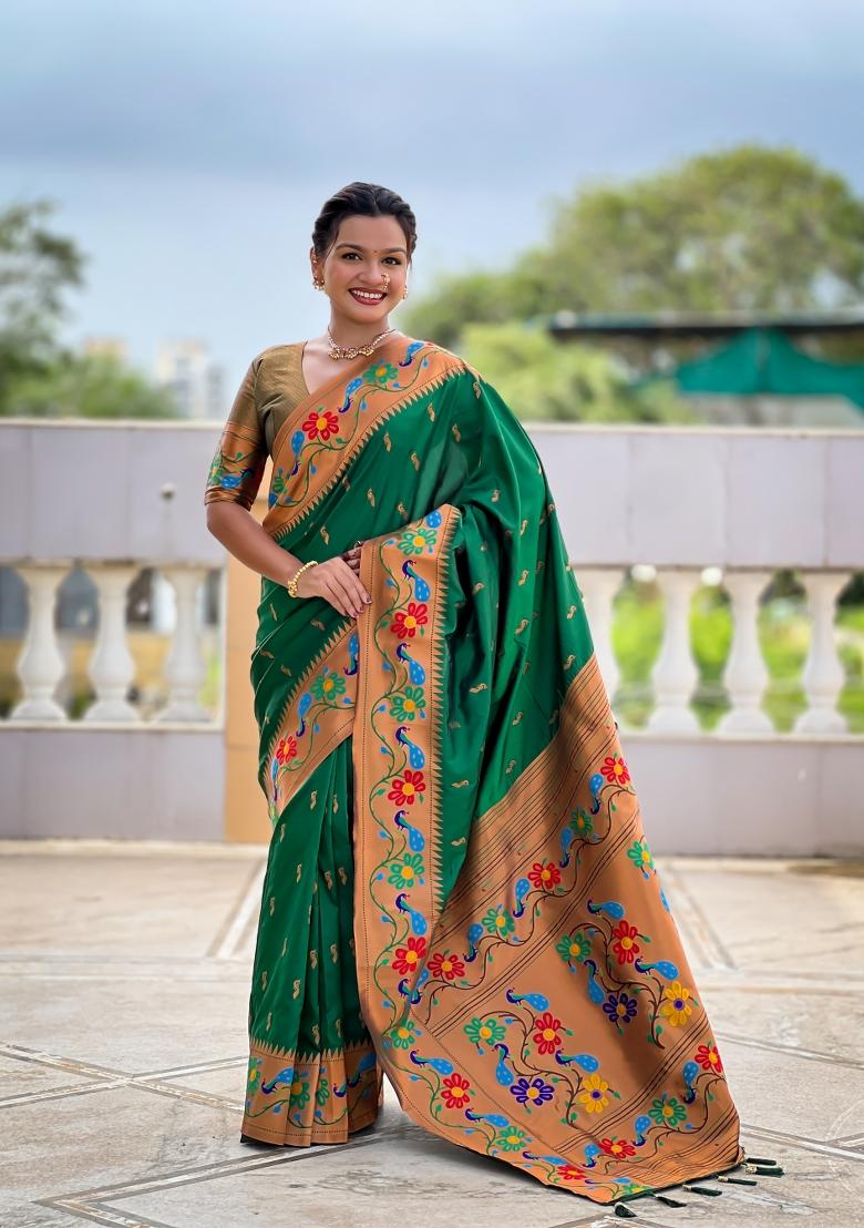 Green Jacquard Silk Saree Set - Indya