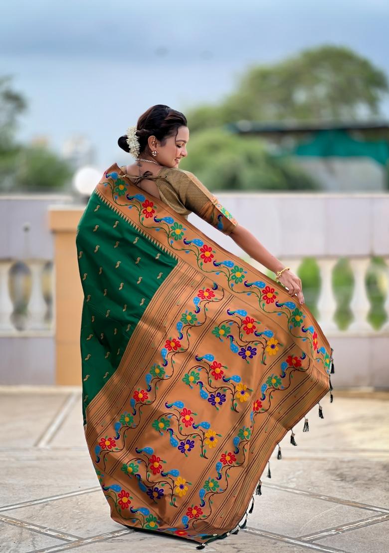 Green Jacquard Silk Saree Set - Indya