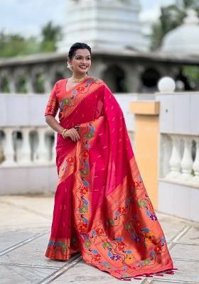Pink Jacquard Silk Saree Set