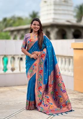 Sky Blue Jacquard Silk Saree Set