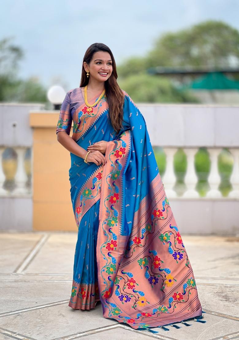 Sky Blue Jacquard Silk Saree Set - Indya