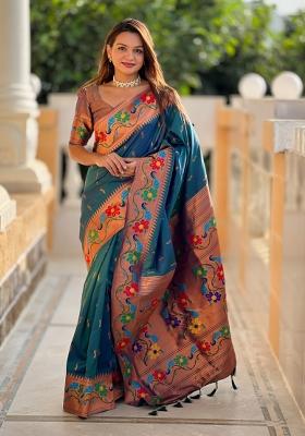 Teal Jacquard Silk Saree Set