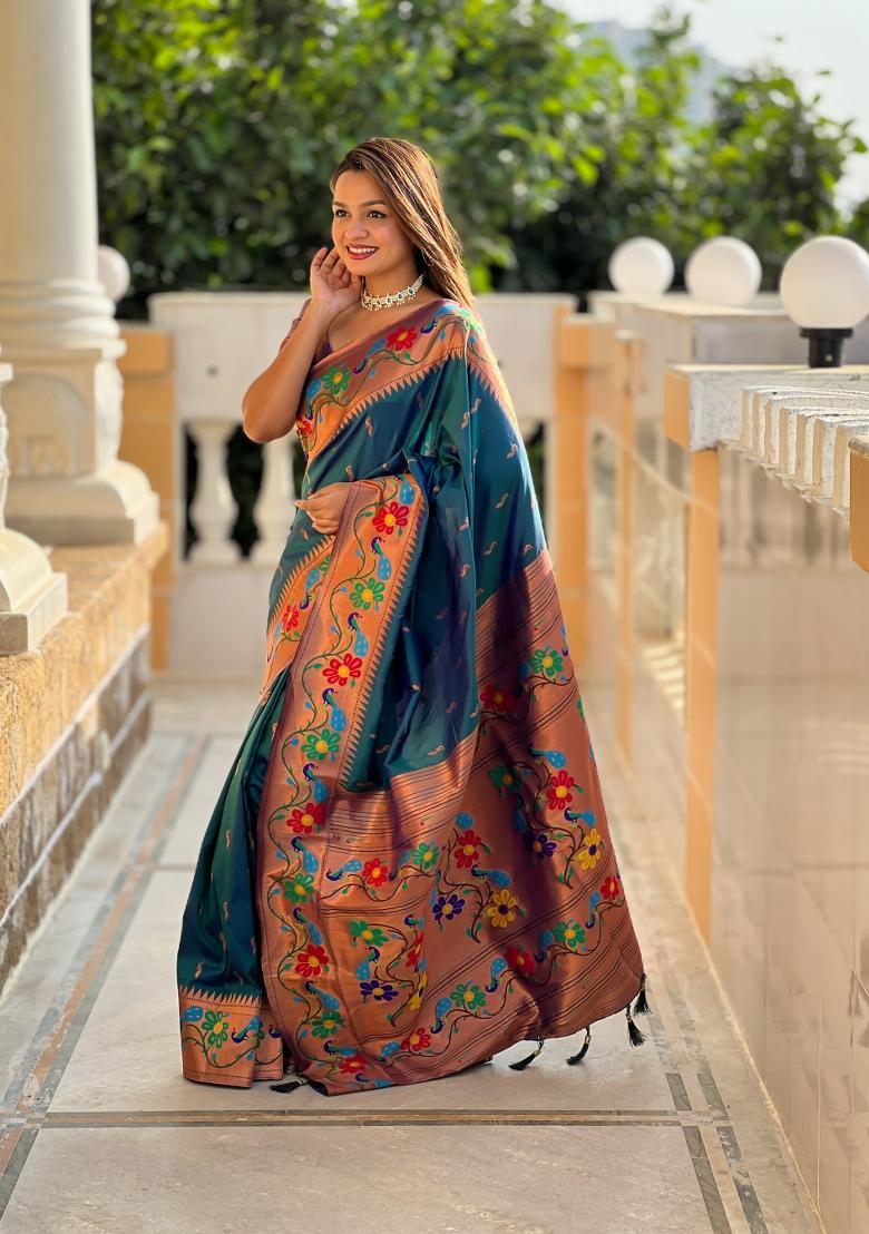Teal Jacquard Silk Saree Set - Indya