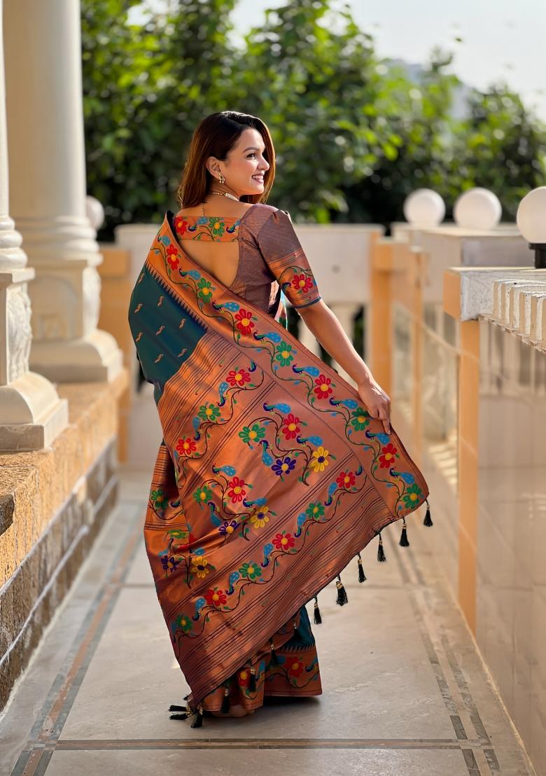 Teal Jacquard Silk Saree Set - Indya
