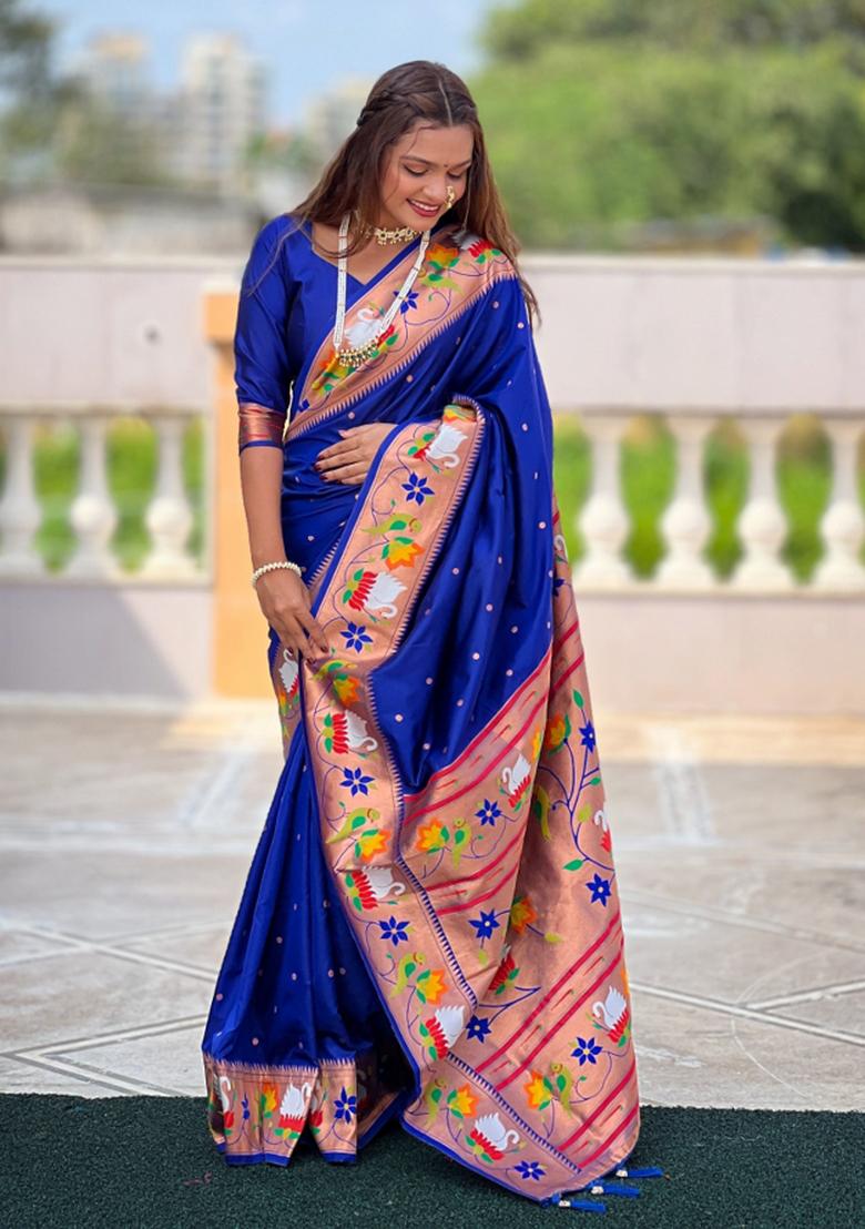 Royal Blue Jacquard Silk Saree Set - Indya