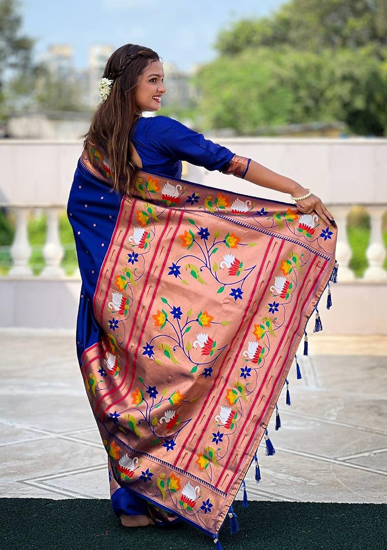 Royal Blue Jacquard Silk Saree Set - Indya