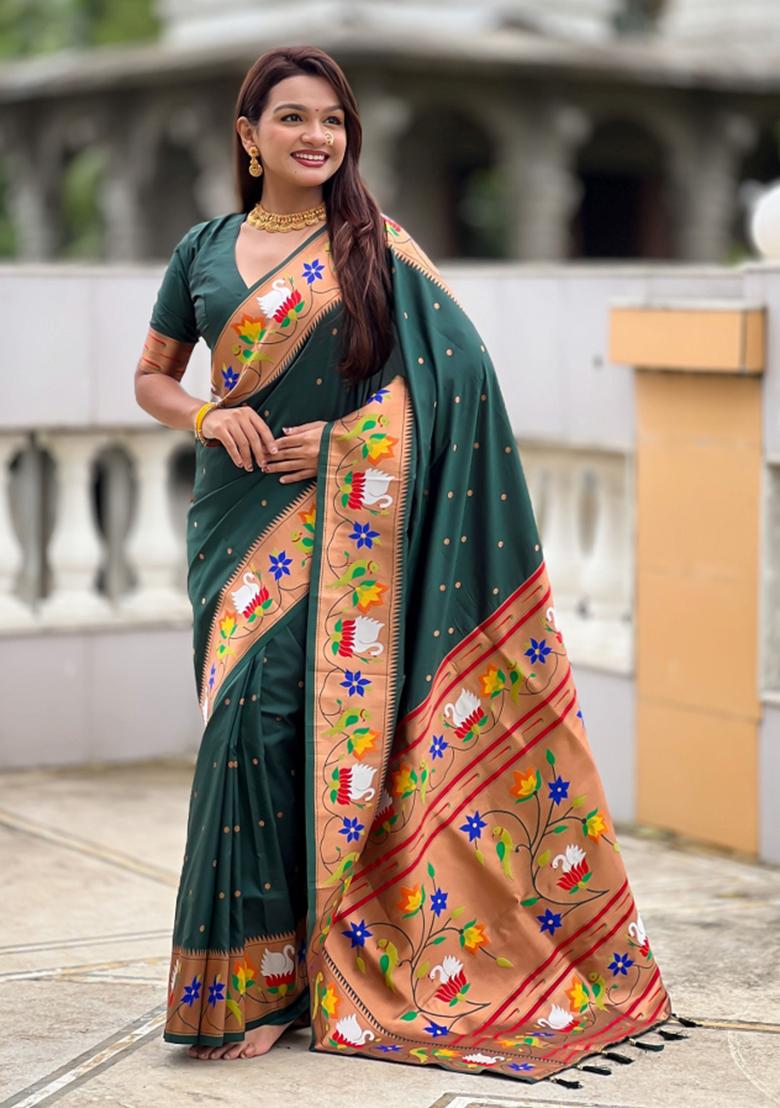 Green Jacquard Silk Saree Set - Indya