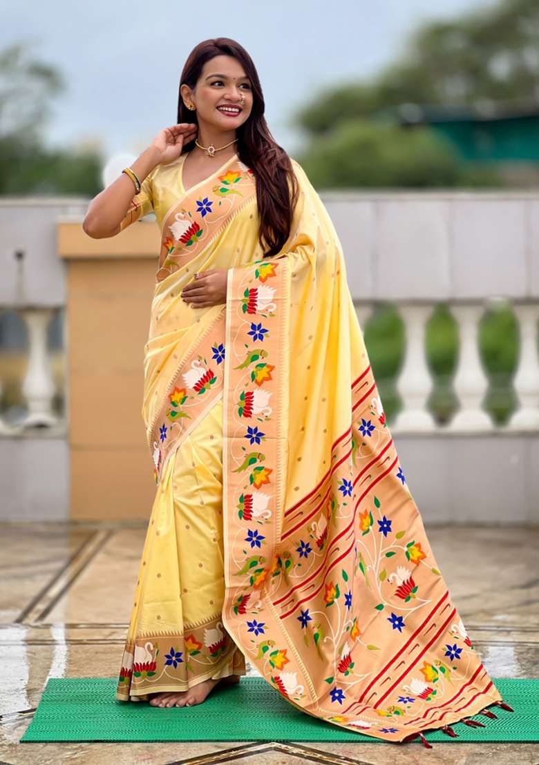 Cream Jacquard Silk Saree Set for Diwali and Festive Wear - Indya