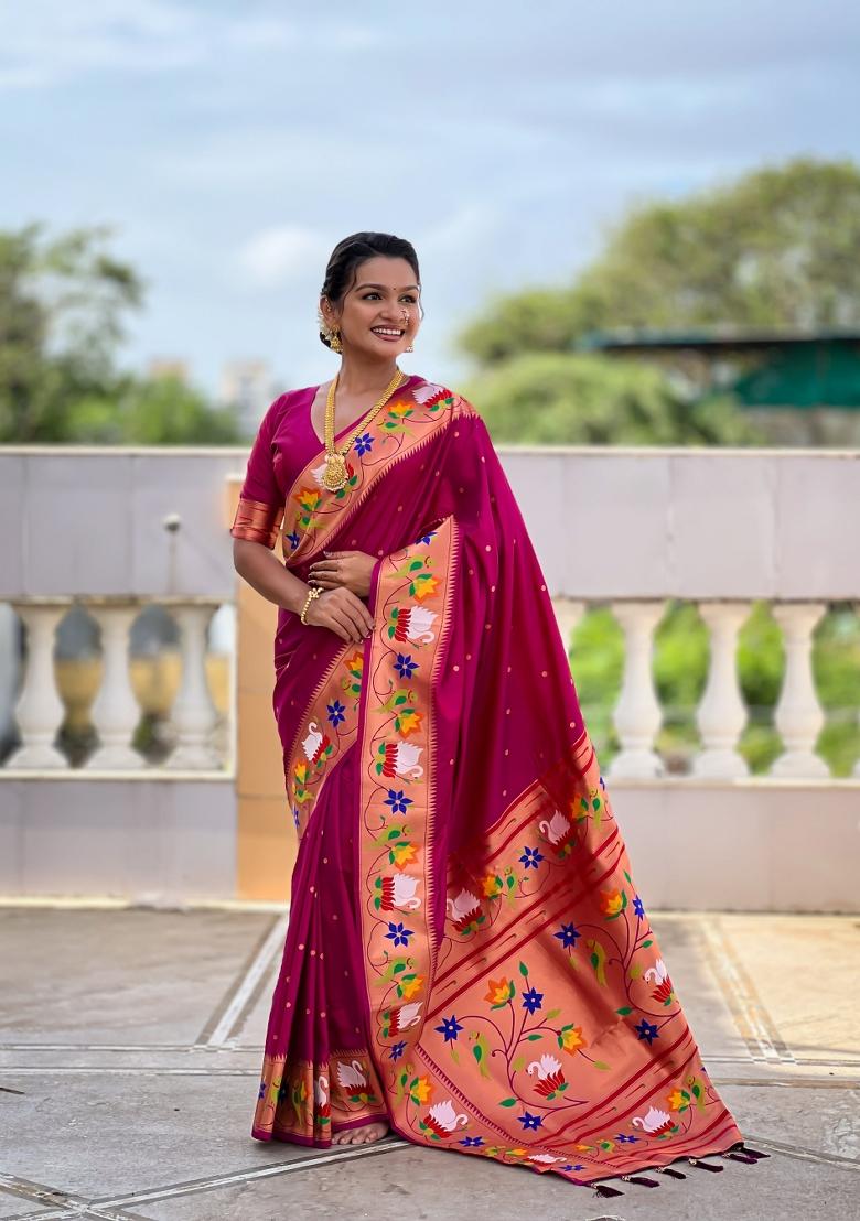Magenta Jacquard Silk Saree Set - Indya