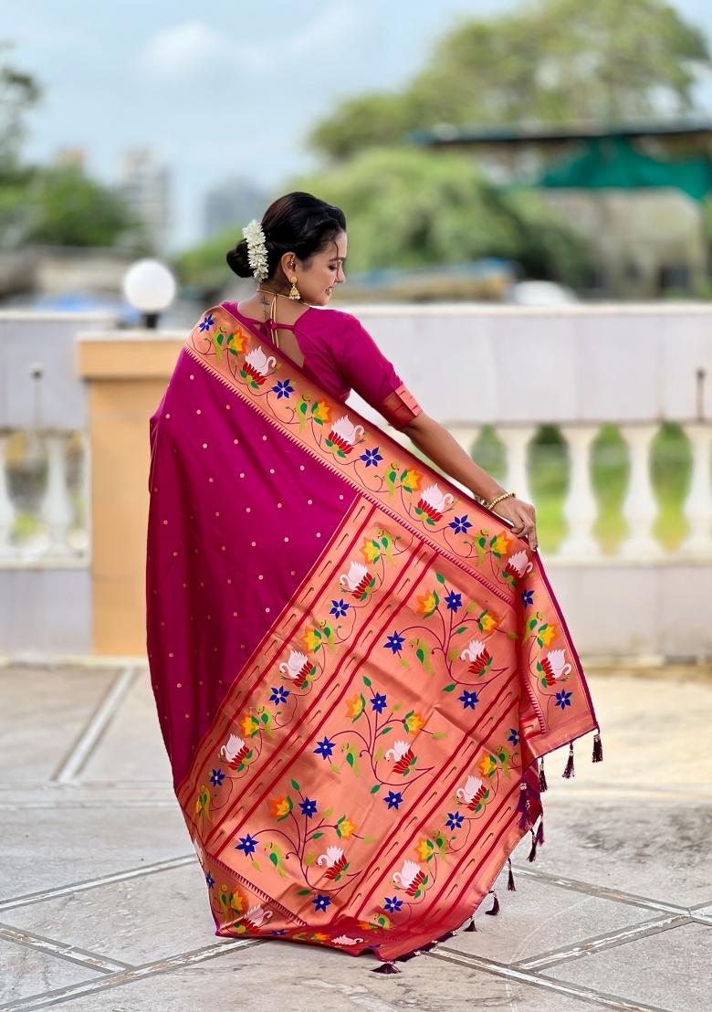 Magenta Jacquard Silk Saree Set - Indya