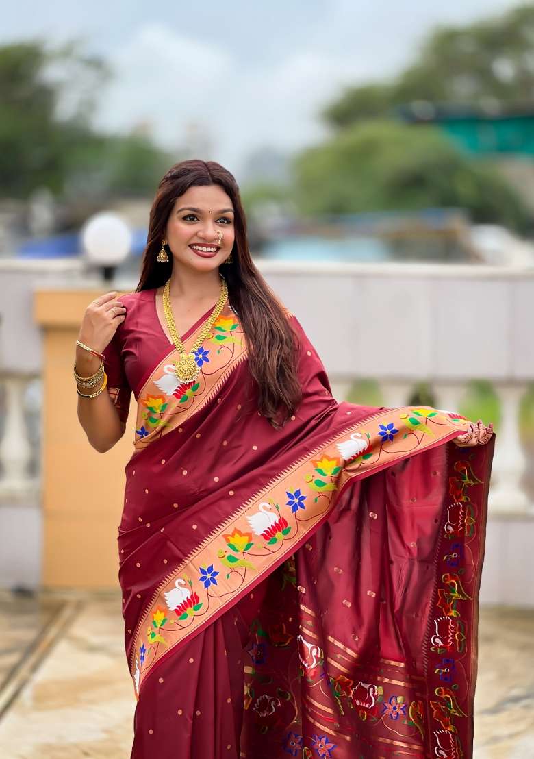 Maroon Silk Jacquard Saree Set for Diwali | Wedding & Festive Wear - Indya