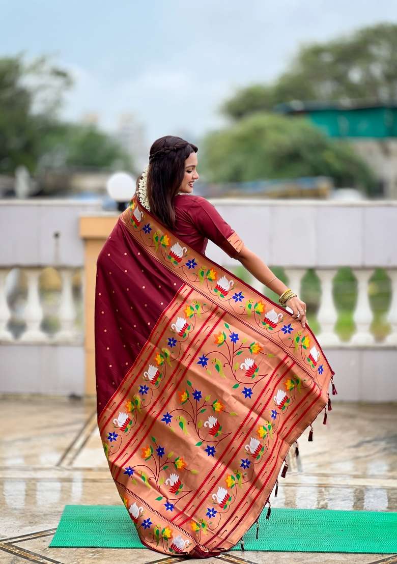 Maroon Silk Jacquard Saree Set for Diwali | Wedding & Festive Wear - Indya