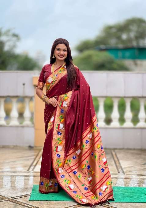 Maroon Silk Jacquard Saree Set for Diwali | Wedding & Festive Wear