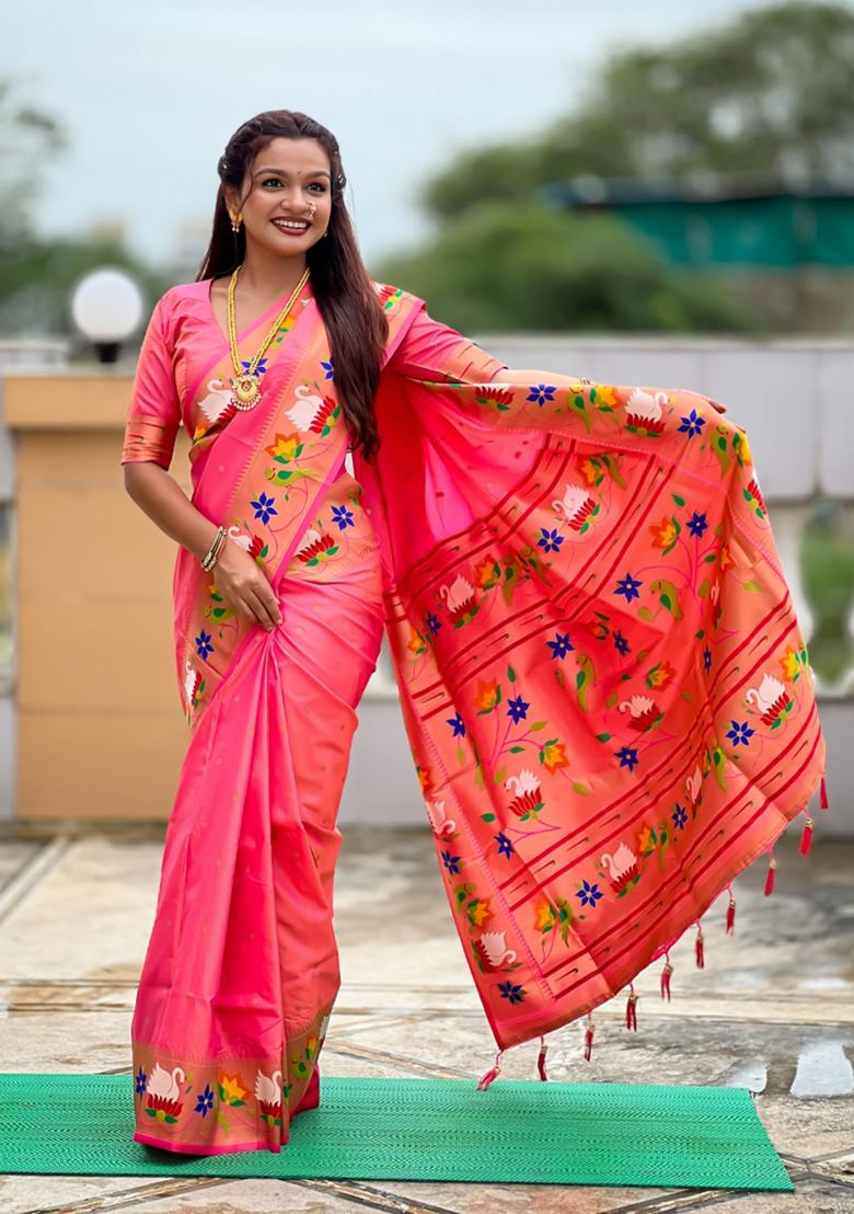 Pink Jacquard Silk Saree Set - Indya