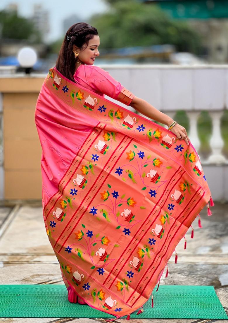Pink Jacquard Silk Saree Set - Indya