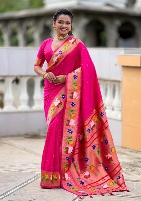 Pink Jacquard Silk Saree Set