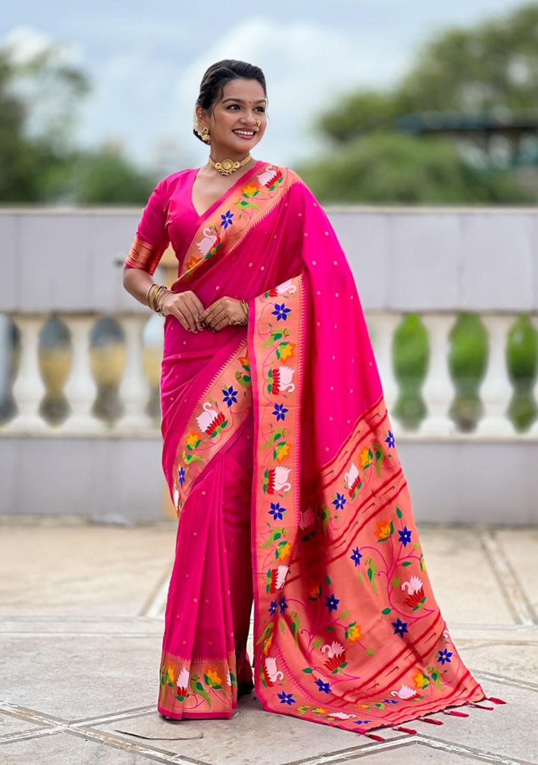Pink Jacquard Silk Saree Set - Indya