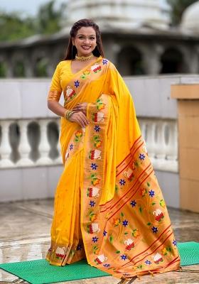 Yellow Jacquard Silk Saree Set